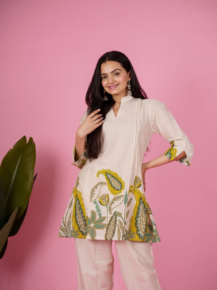 Ekisha's women white floral designer printed cotton co-ord set lounge wear, front view