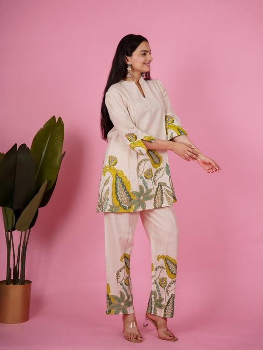 Ekisha's women white floral designer printed cotton co-ord set lounge wear, side view