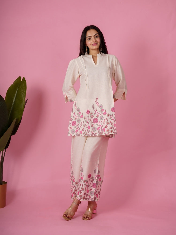 Ekisha's women white pink floral printed cotton co-ord set lounge wear, front view