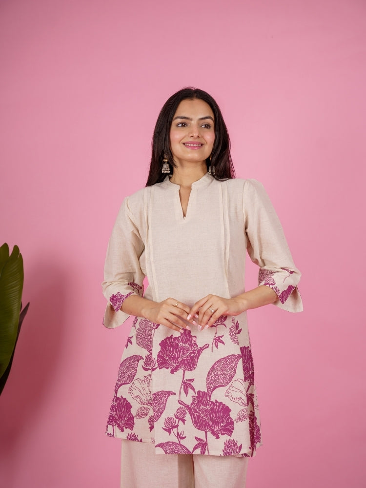 Ekisha's women white wine panel floral printed cotton co-ord set lounge wear, front view