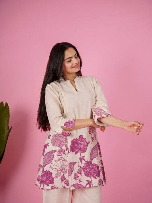 Ekisha's women white wine panel floral printed cotton co-ord set lounge wear, front view 3