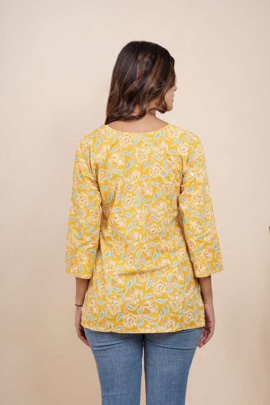 Ekisha's women yellow beautiful designer floral printed cotton tunic top short kurti - Ekisha
