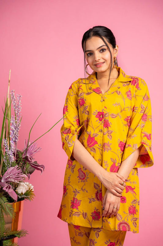 Ekisha's women yellow multicolor floral printed cotton co-ord set lounge wear - Ekisha