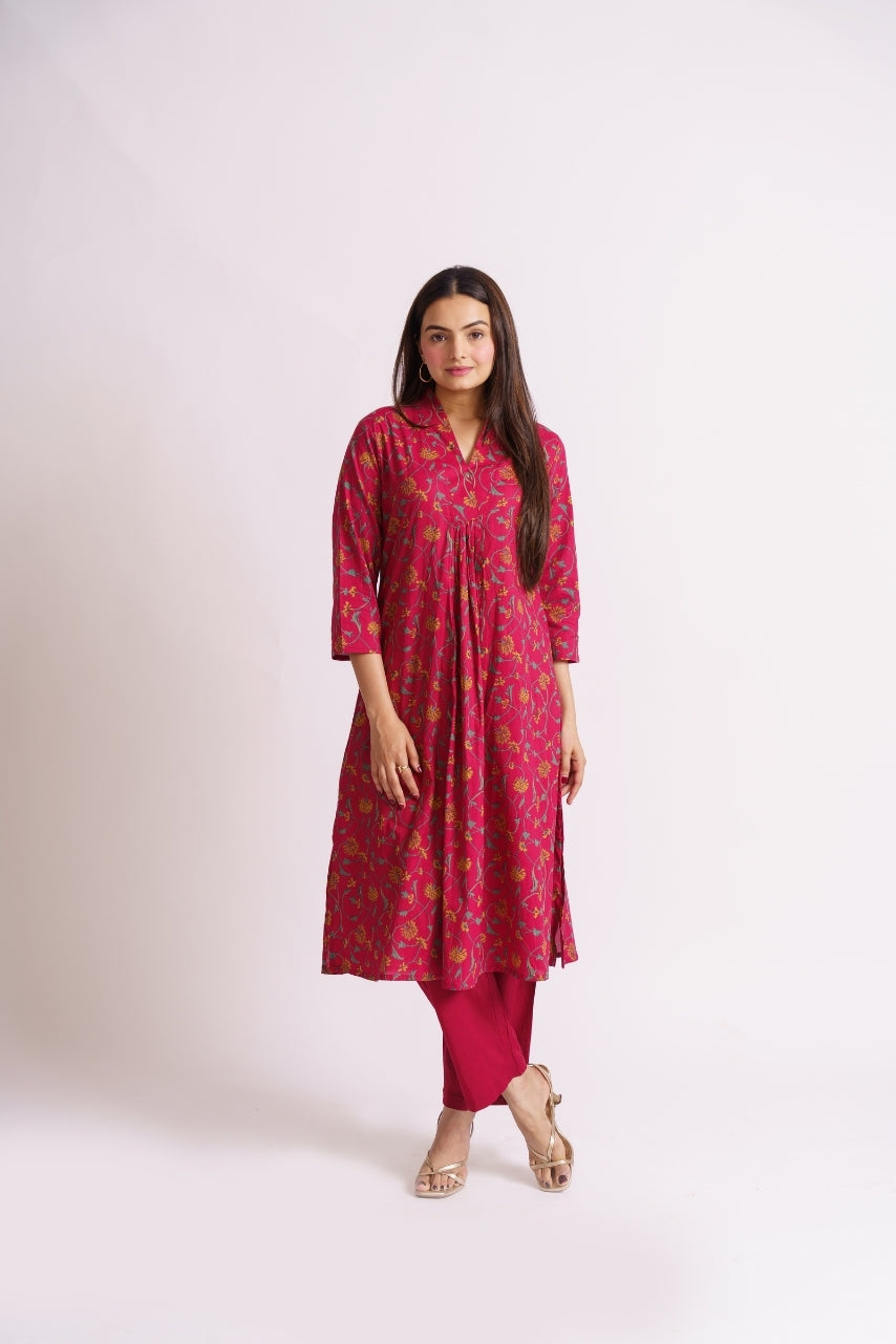 Magenta floral co-ord set styled with heeled sandals