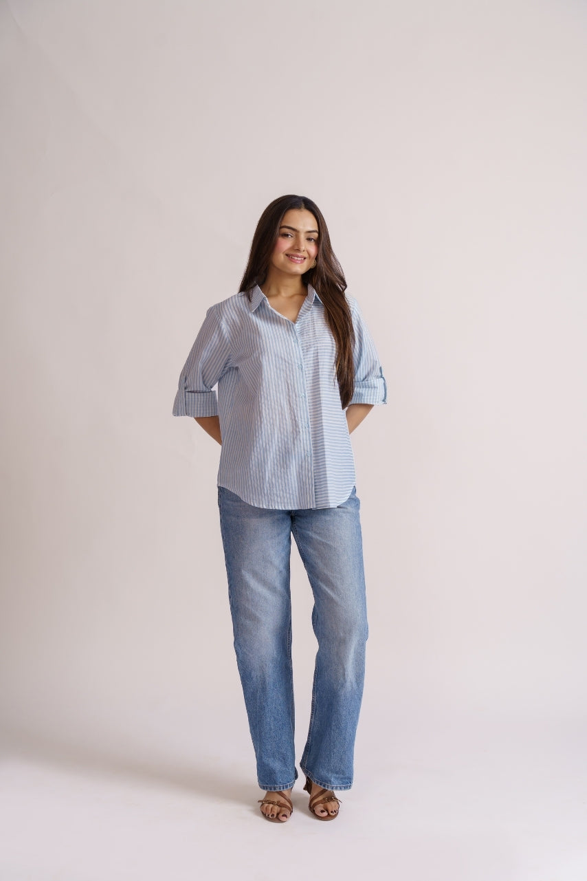 Women's cotton shirt blue stripe pattern close-up