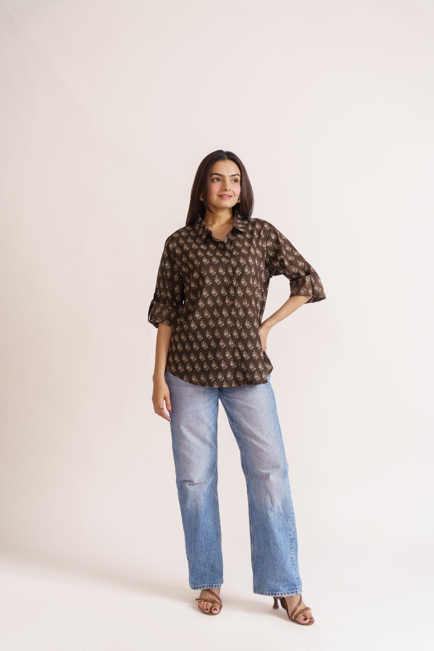 Brown and beige floral cotton shirt for women, angled view