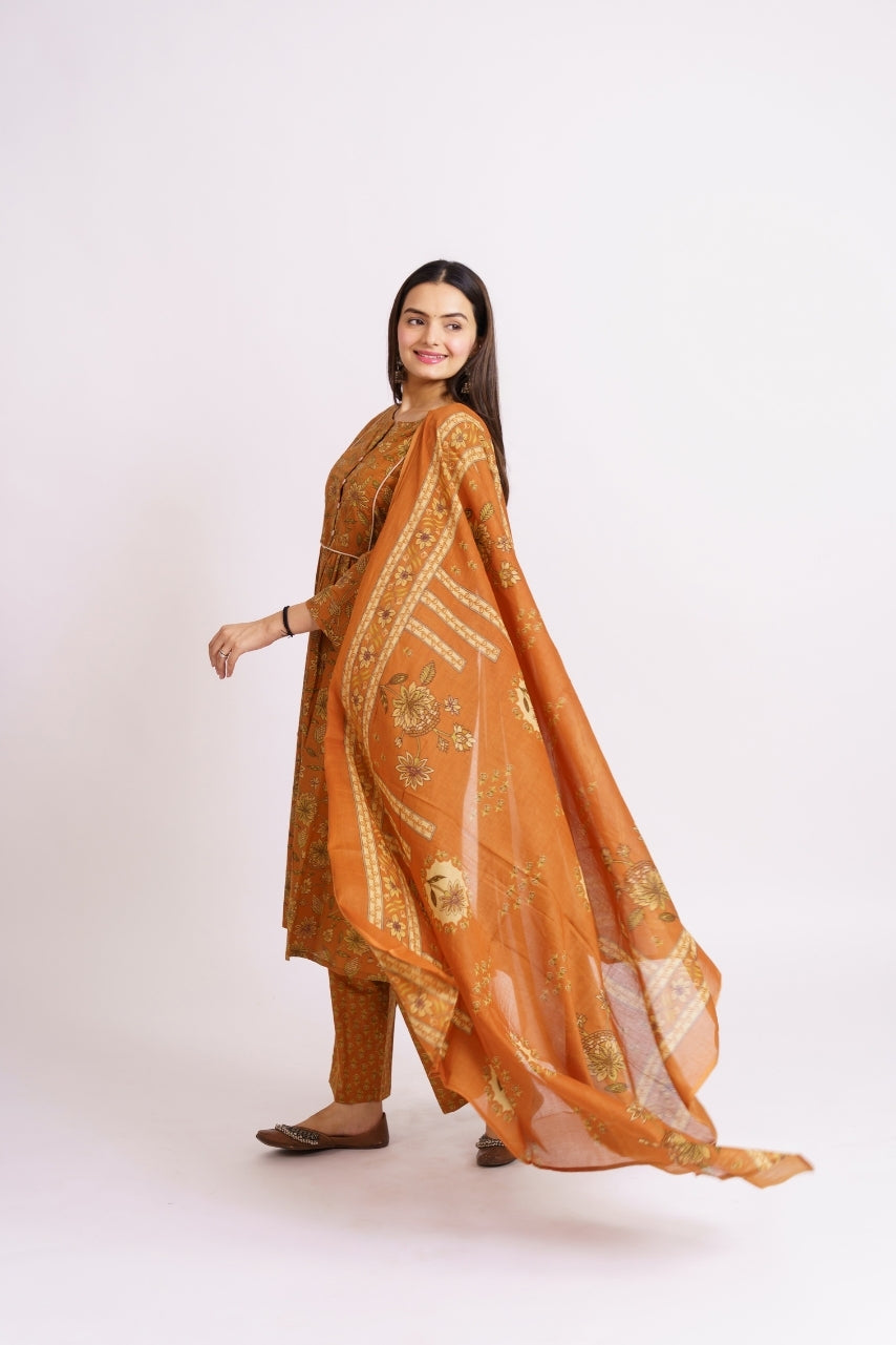 Woman styled in printed cotton dupatta over floral kurta set