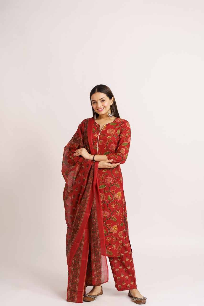 Red floral print kurta set with jhumka earrings styling