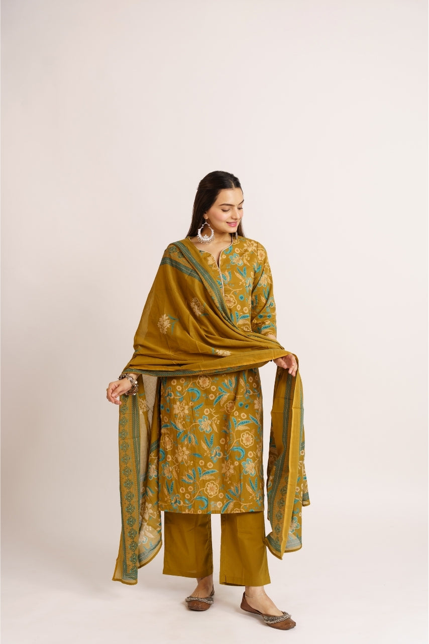 Olive mustard printed kurta set with plain matching pants