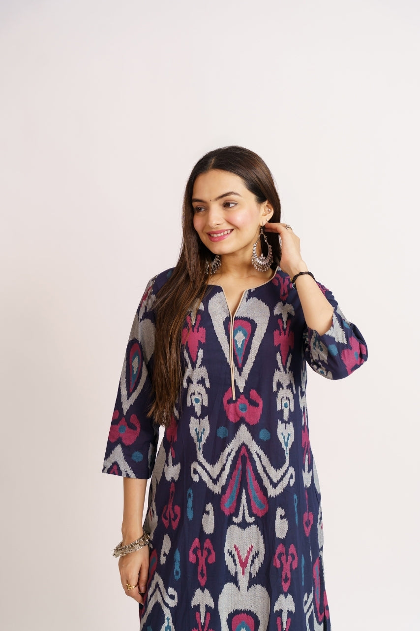Three-quarter sleeve detail on ikat printed cotton kurta