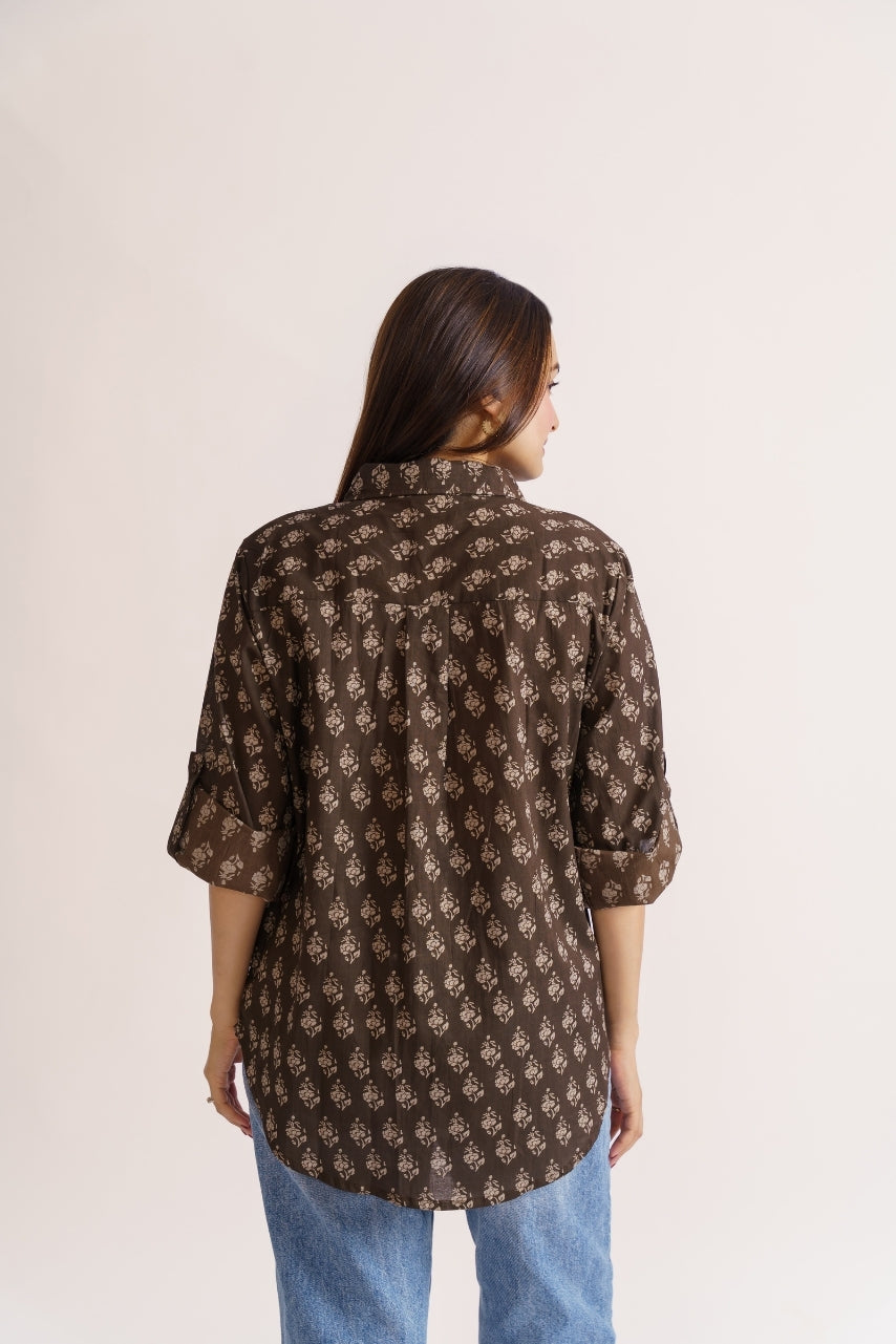 Casual brown floral print shirt daily wear styling