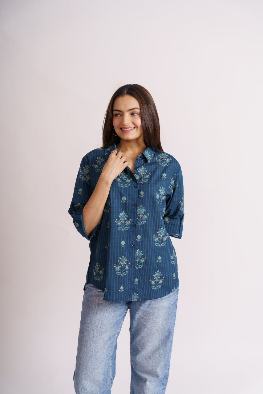 Cotton floral print shirt sleeve rolled up with button tab