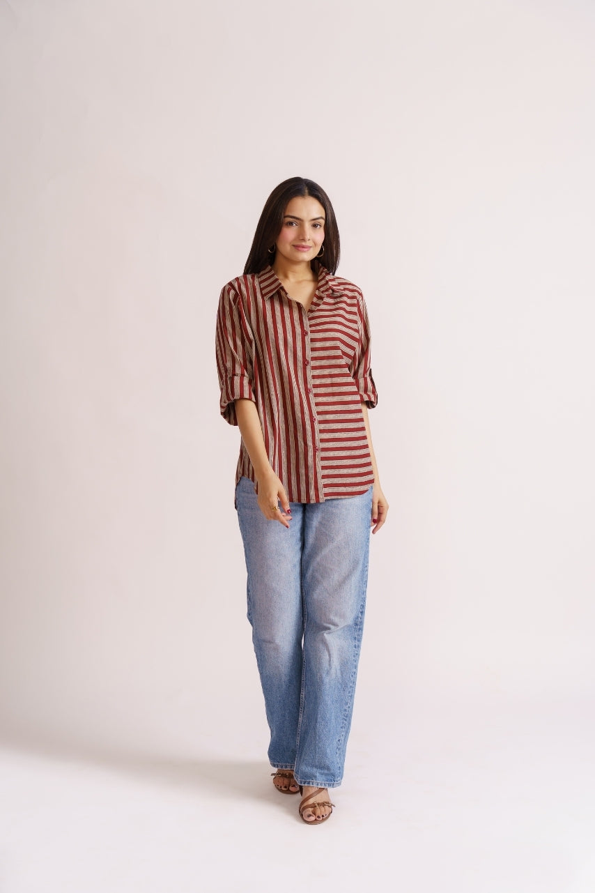 Cotton striped shirt sleeve rolled up with button tab detail