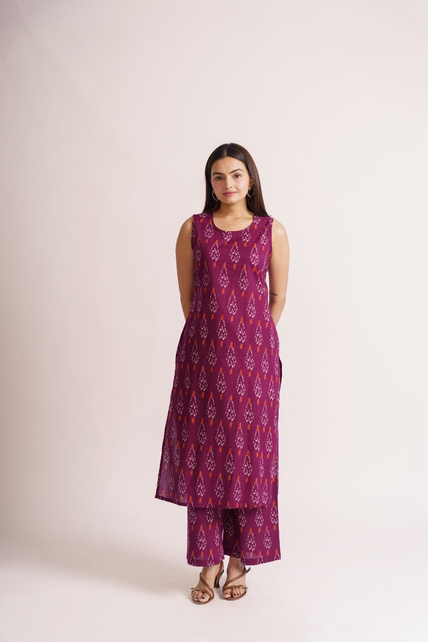 Ethnic-casual magenta ikat cotton co-ord set with bangles