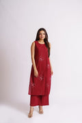 Maroon Line Floral Print Sleeveless Coord for Women