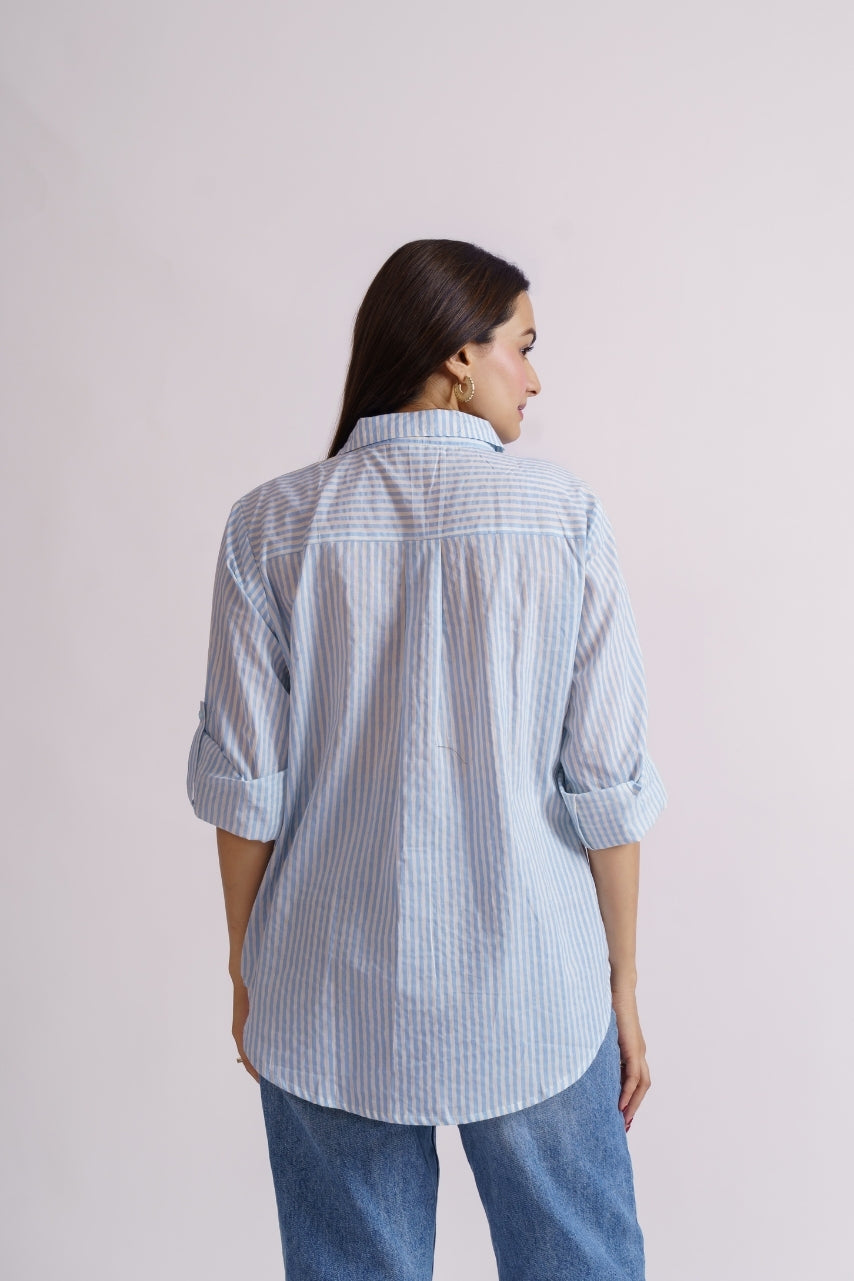 Women's cotton shirt blue stripe pattern close-up