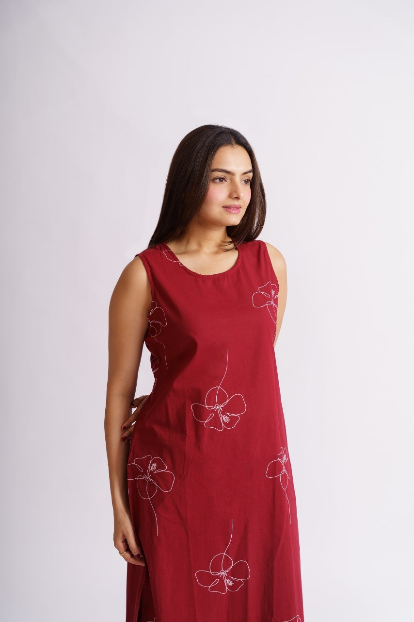 Maroon line floral print sleeveless kurta and pants set