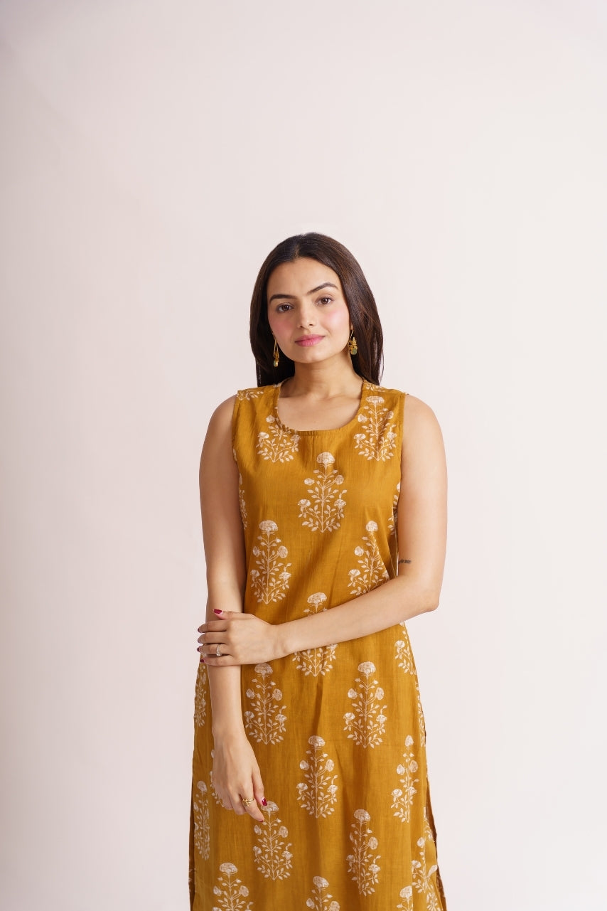 Mustard yellow floral print sleeveless kurta and pants set