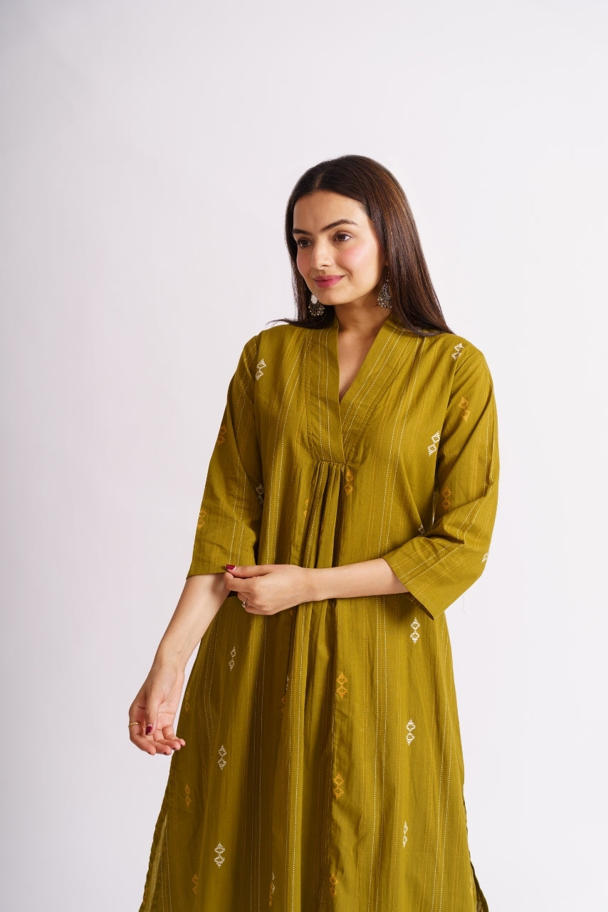 Olive green kurti and pants co-ord set for women
